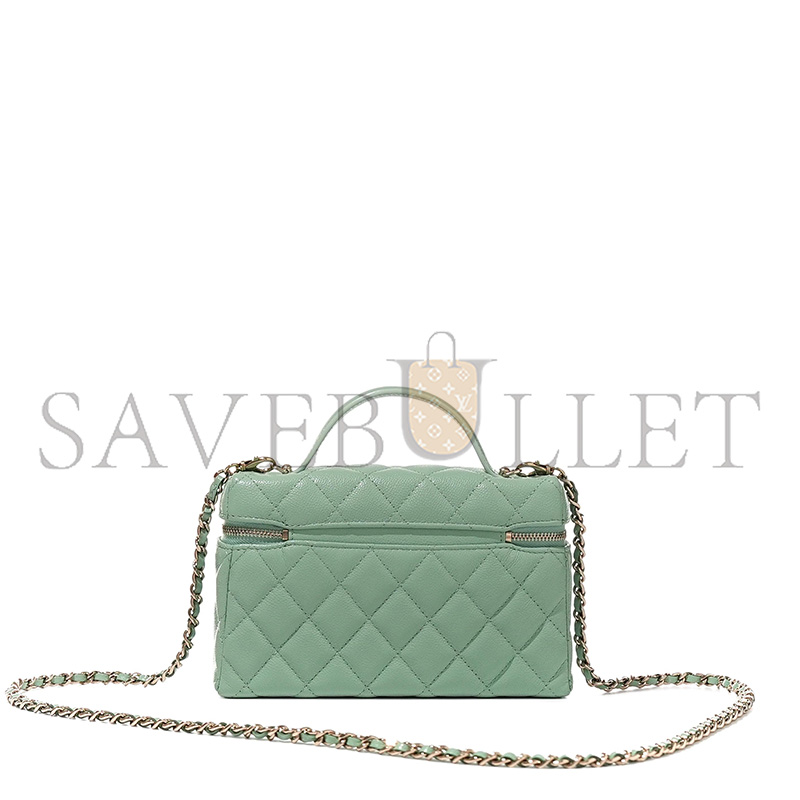 Ch**el MASTER GREEN QUILTED CAVIAR TOP HANDLE LONG VANITY WITH CHAIN PALE GOLD HARDWARE (19.5*17*5cm)